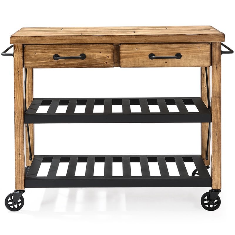 Crosley Furniture Roots Wood 2 Drawer Kitchen Cart in Natural and Black