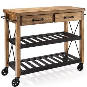 Crosley Furniture Roots Wood 2 Drawer Kitchen Cart in Natural and Black