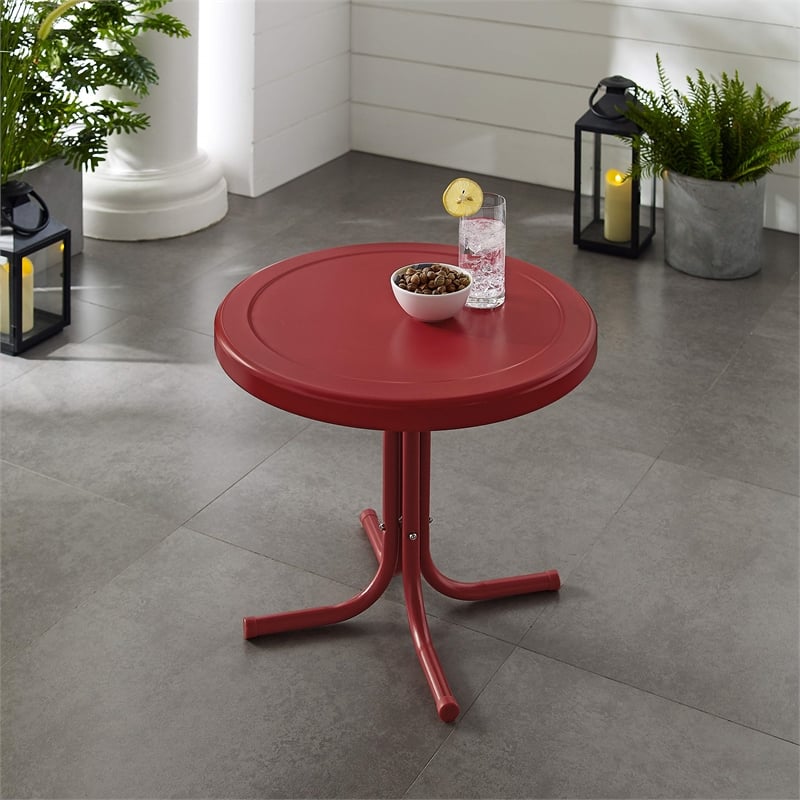 Crosley Furniture Retro Metal Patio End Table in Dark Red Gloss