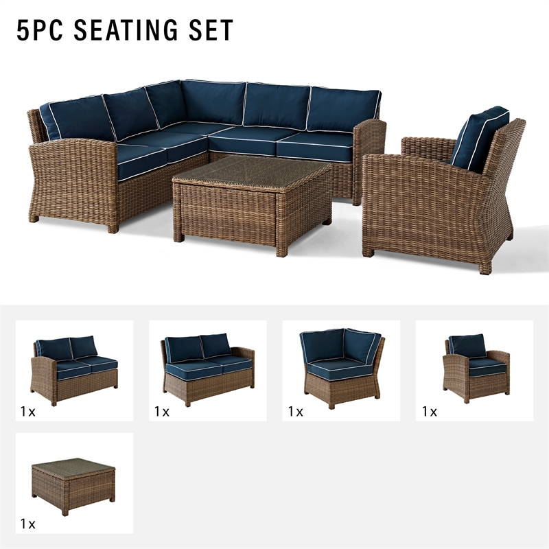 Crosley Furniture Bradenton 5 Pc Fabric Patio Sectional Set in Brown and Navy