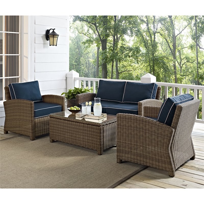 Crosley Furniture Bradenton 4 Piece Fabric Patio Sofa Set in Brown and Navy