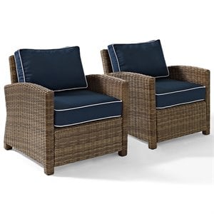 crosley bradenton wicker patio arm chair in brown and navy