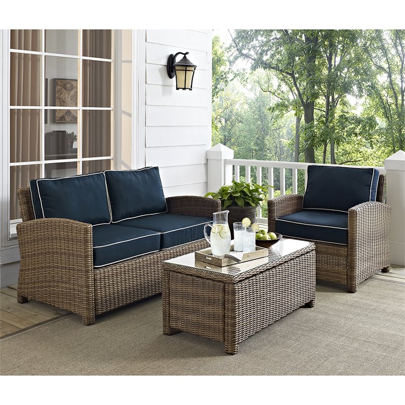 Crosley Furniture Bradenton 3 Piece Fabric Patio Sofa Set in Brown and Navy