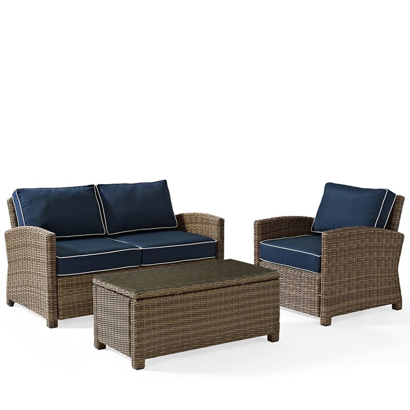 Crosley Furniture Bradenton 3 Piece Fabric Patio Sofa Set in Brown and Navy