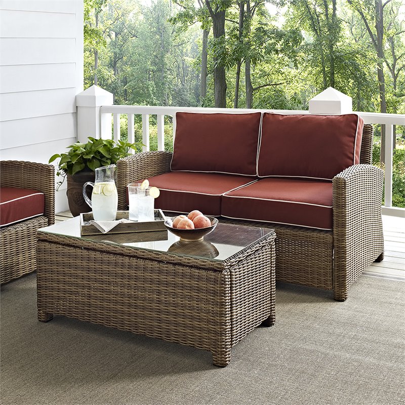 Crosley Furniture Bradenton 2 Piece Fabric Patio Sofa Set in Brown/Sangria Red