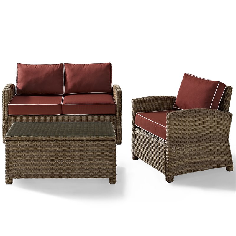 Crosley Furniture Bradenton 3 Piece Fabric Patio Sofa Set in Brown/Sangria Red