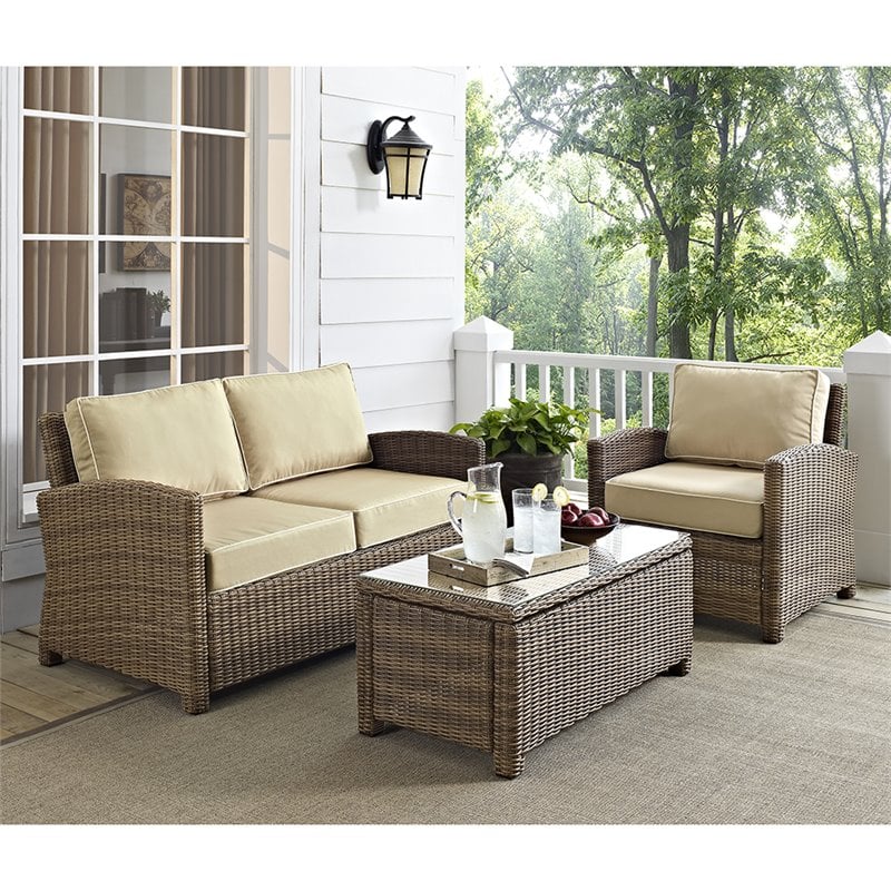 Crosley Furniture Bradenton 3 Piece Fabric Patio Sofa Set in Brown and