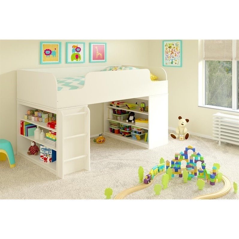 Ameriwood Home Elements Loft Bed with Two Bookcases in White