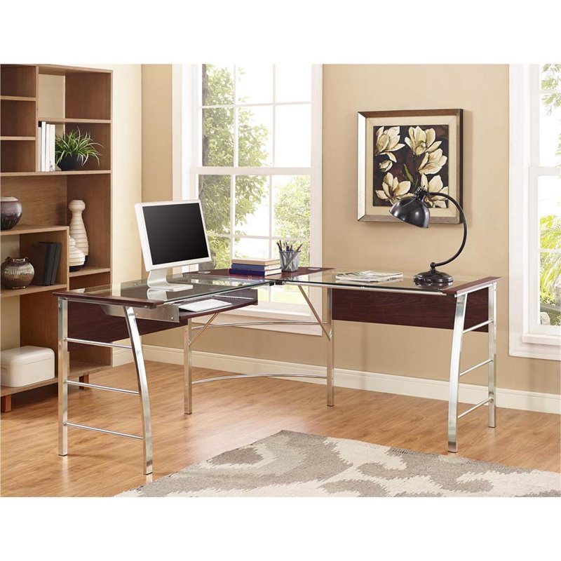 Glass Top L Shaped Computer Desk in Cherry