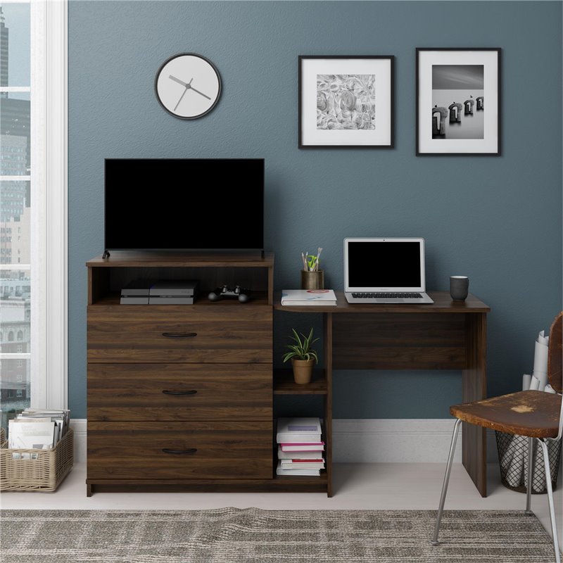 Ameriwood Home Rebel 3 in 1 Media Dresser and Desk Combo in Walnut