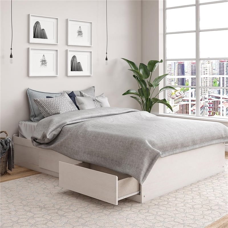 Ameriwood Home Full Platform Bed with Drawers in Ivory Oak