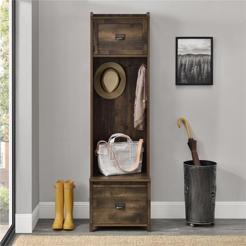 SystemBuild Farmington Entryway Hall Tree with Storage Bench in Rustic