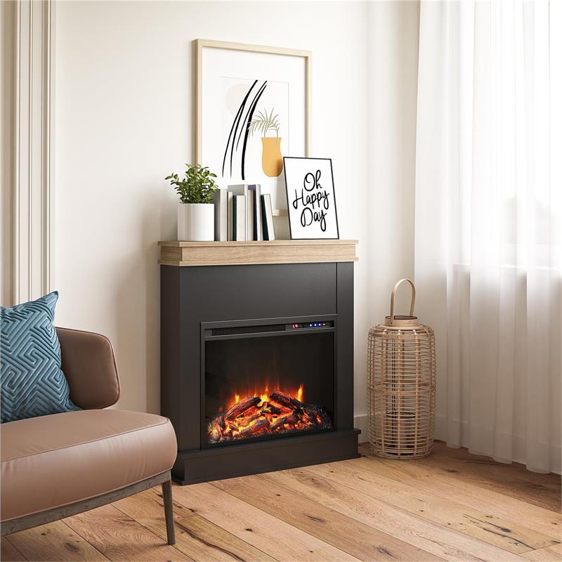 Ameriwood Home Mateo Fireplace with Mantel in Black with Natural Mantel