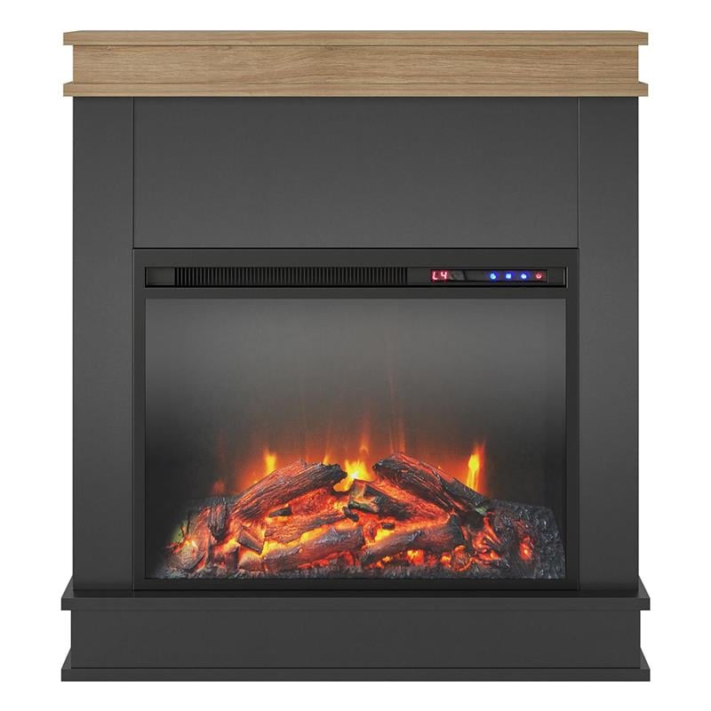 Ameriwood Home Mateo Fireplace with Mantel in Black with Natural Mantel
