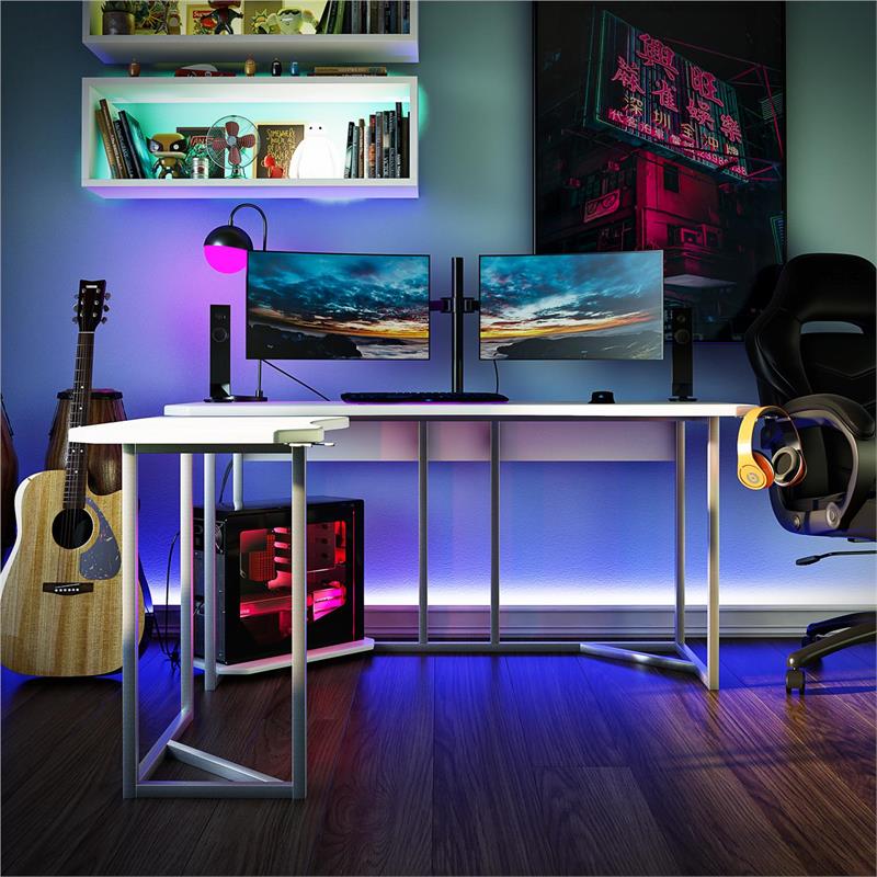 NTense Quest Gaming L Desk with CPU Stand in White