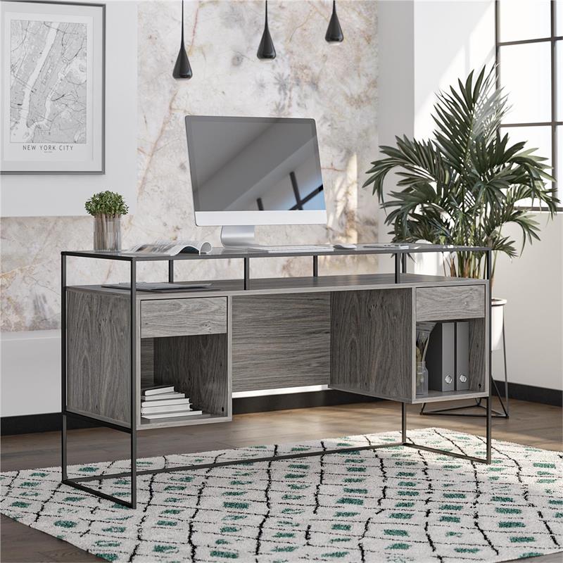 Ameriwood Home Camley Desk with Glass Top in 2 Drawers and Storage in Gray Oak