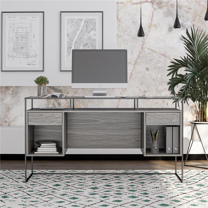 Ameriwood Home Camley Desk with Glass Top in 2 Drawers and Storage in Gray Oak