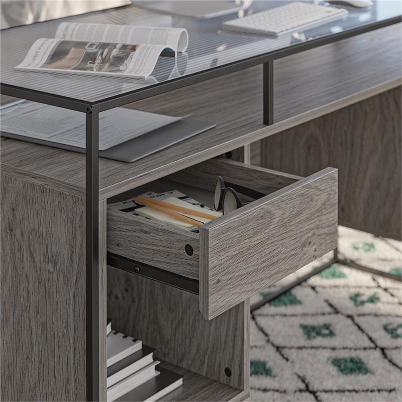 Ameriwood Home Camley Desk with Glass Top in 2 Drawers and Storage in Gray Oak