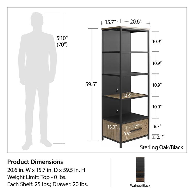 Ameriwood Home Structure Audio Pier in Sterling Oak Wood Veneer with Black Metal