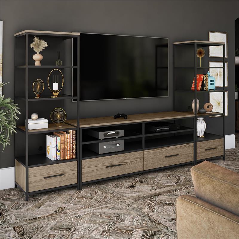 Ameriwood Home Structure Audio Pier in Sterling Oak Wood Veneer with Black Metal