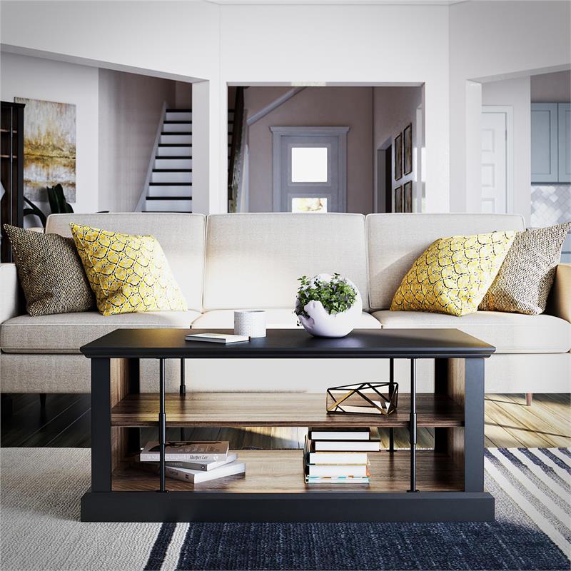 Ameriwood Home Hoffman Rustic Coffee Table with 2 Shelves in Black and Walnut