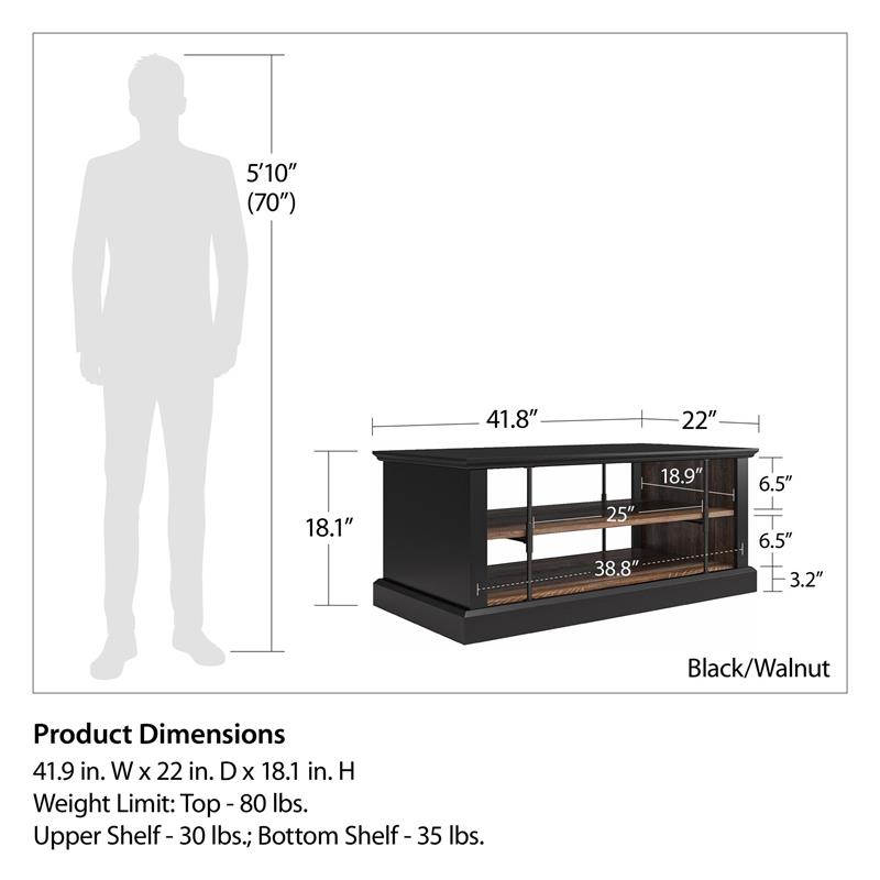 Ameriwood Home Hoffman Rustic Coffee Table with 2 Shelves in Black and Walnut