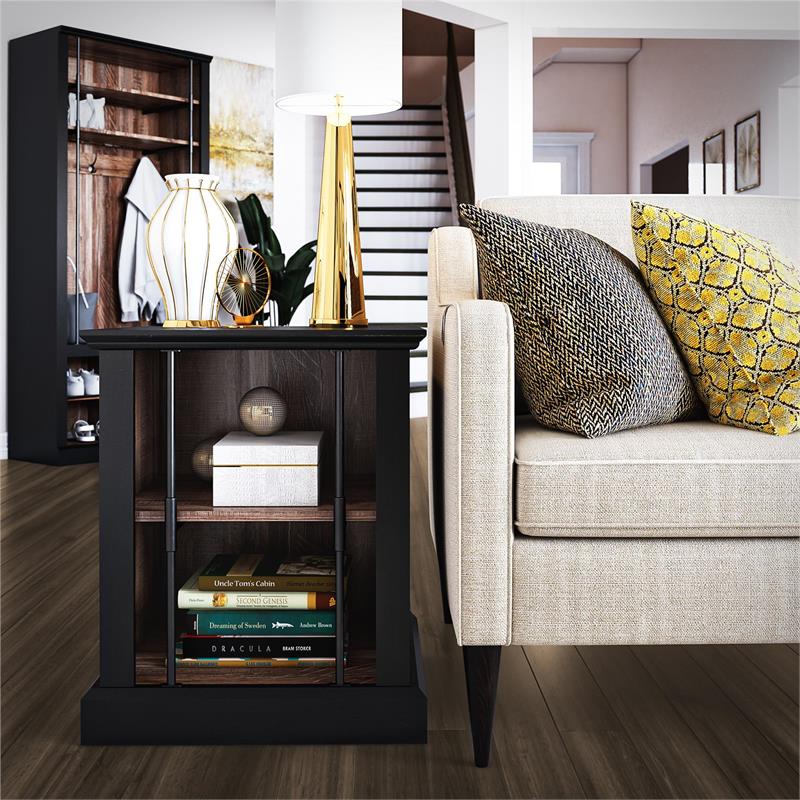 Ameriwood Home Hoffman Rustic End Table with 2 Open Shelves in Black and Walnut