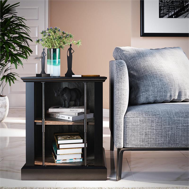 Ameriwood Home Hoffman Rustic End Table with 2 Open Shelves in Black and Walnut