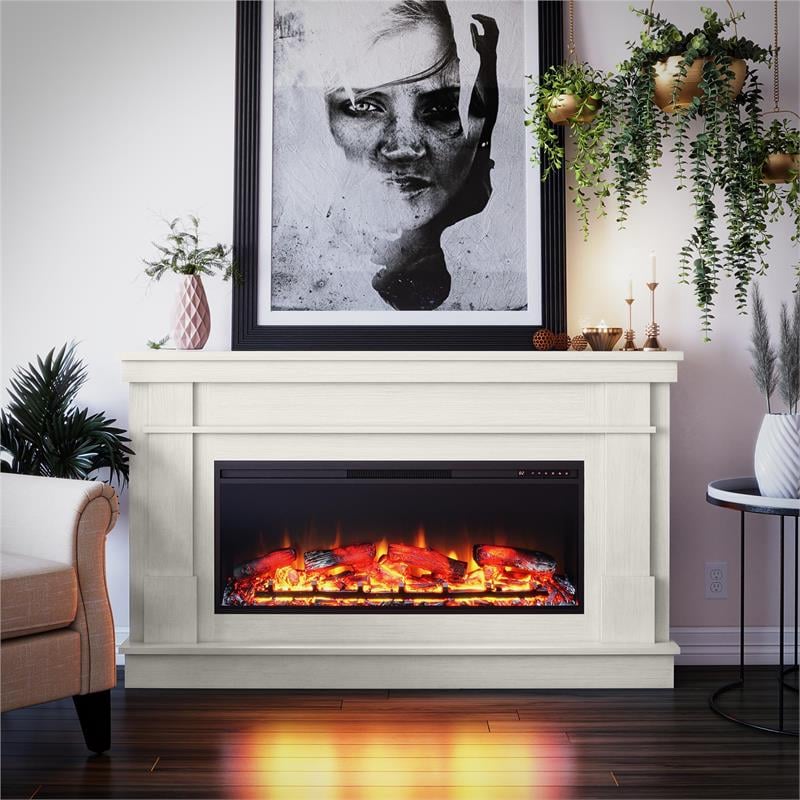 Ameriwood Home Elmcroft Wide Mantel with Linear Electric Fireplace in Plaster