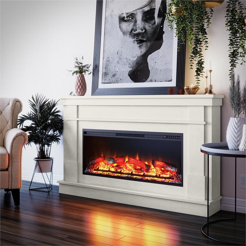 Ameriwood Home Elmcroft Wide Mantel with Linear Electric Fireplace in Plaster