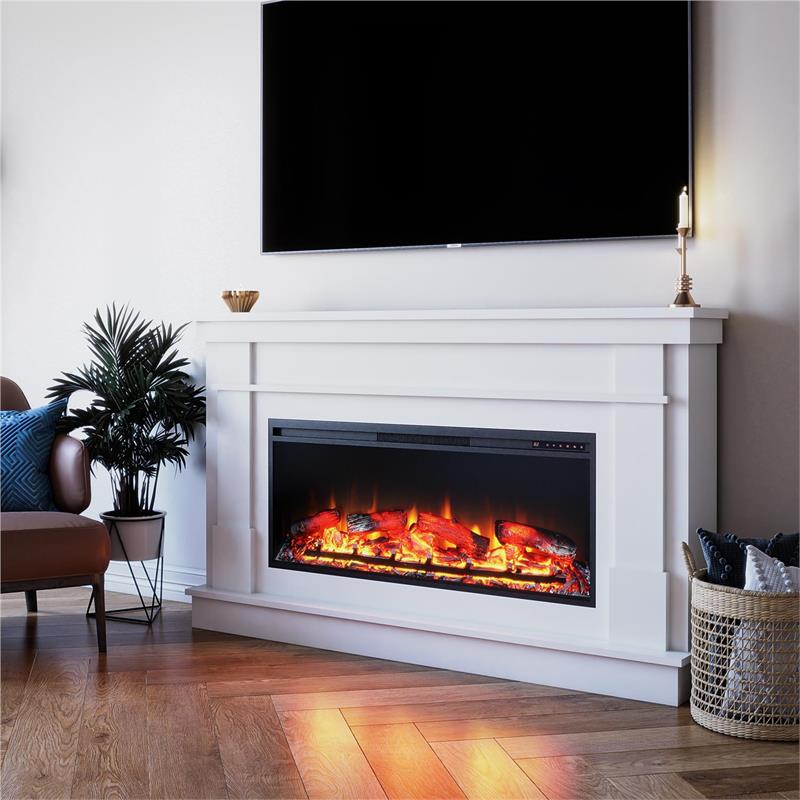 Ameriwood Home Elmcroft Wide Mantel with Linear Electric Fireplace in White