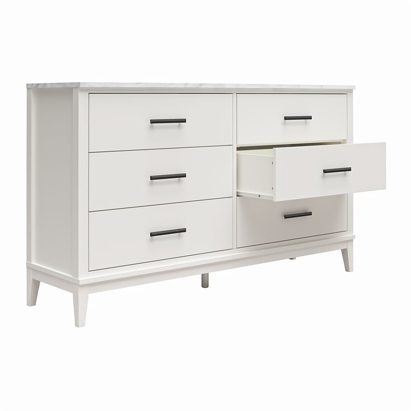 Ameriwood Home Lynnhaven Wide 6 Drawer Dresser in White w/ White Marble Top