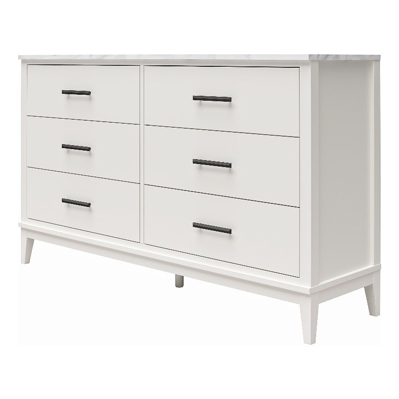 Ameriwood Home Lynnhaven Wide 6 Drawer Dresser in White w/ White Marble