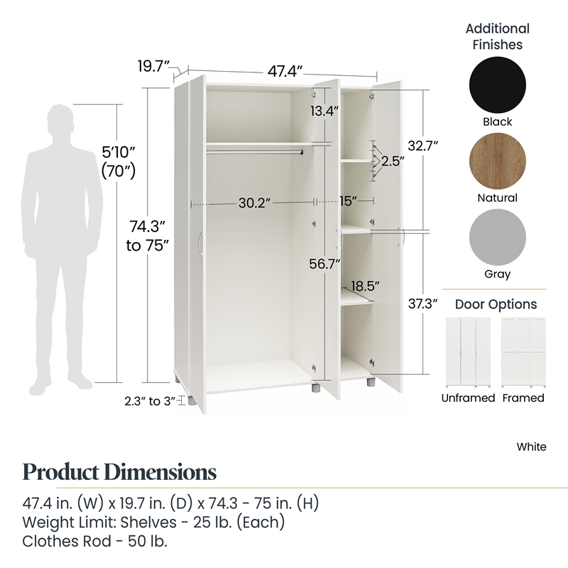 Systembuild Evolution Lory 3 Door Wardrobe with Clothing Rod in White