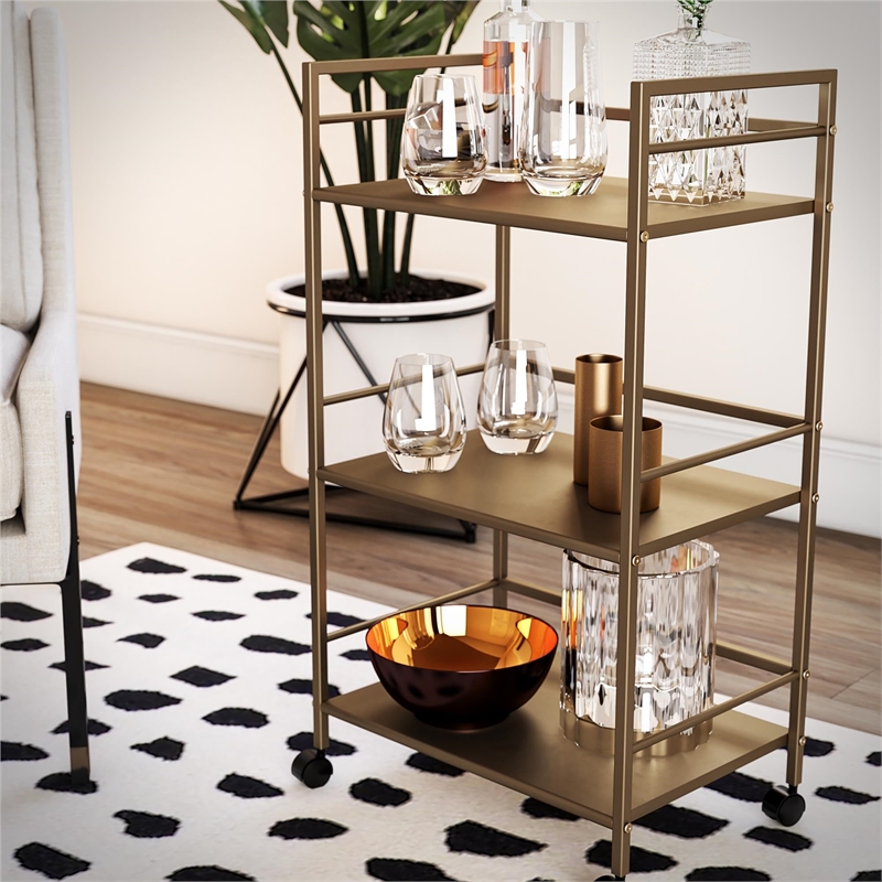 Novogratz Helix 3 Shelf Metal Rolling Utility Cart in Gold