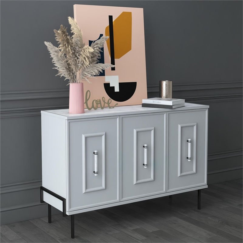 CosmoLiving by Cosmopolitan Liberty 3 Door Accent Cabinet Dove Gray w/Marble Top