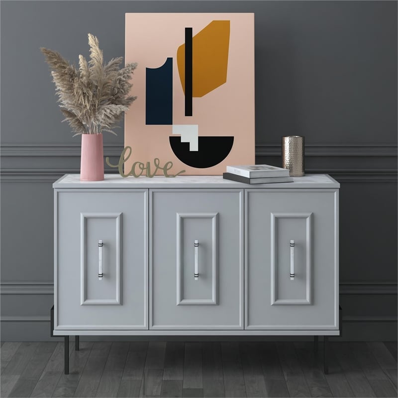 CosmoLiving by Cosmopolitan Liberty 3 Door Accent Cabinet Dove Gray w/Marble Top