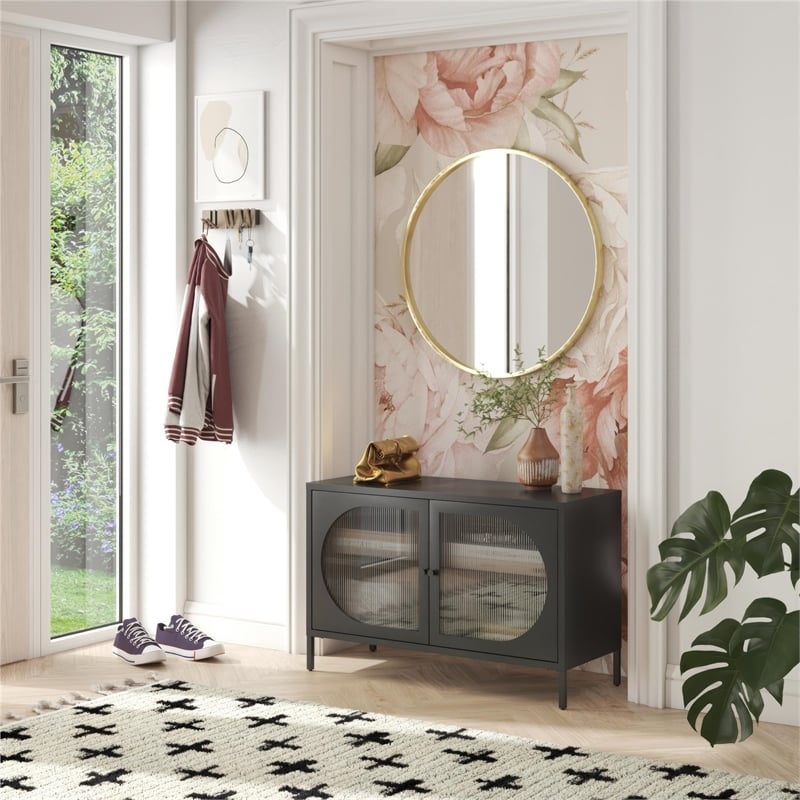 Mr. Kate Luna Wide 2-Door Accent Metal Cabinet with Fluted Glass in Black