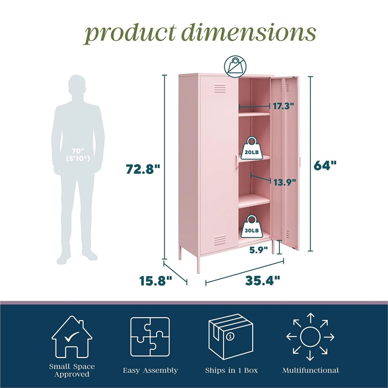 Novogratz Cache 2-Doors Tall Metal Locker Style Storage Cabinet in Bashful Pink