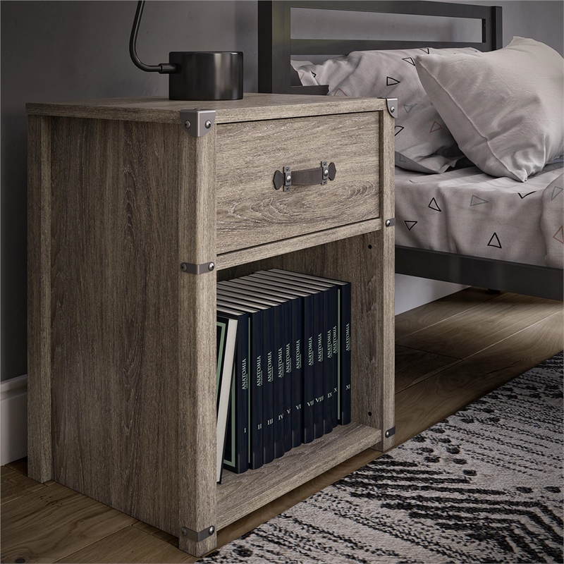 Little Seeds Nova 1-Drawer Nightstand with Leather Drawer Pull in Gray Oak