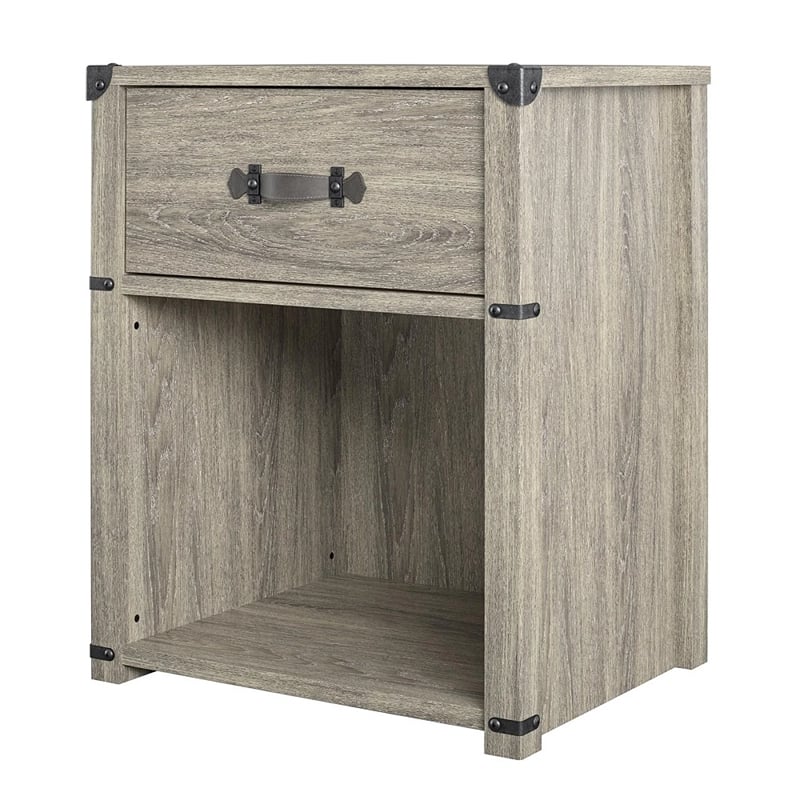 Little Seeds Nova 1-Drawer Nightstand with Leather Drawer Pull in Gray Oak