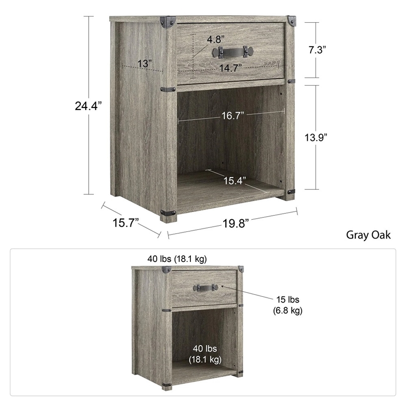 Little Seeds Nova 1-Drawer Nightstand with Leather Drawer Pull in Gray Oak