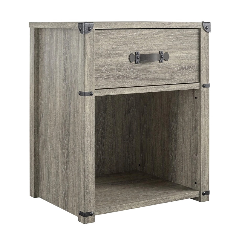 Little Seeds Nova 1-Drawer Nightstand with Leather Drawer Pull in Gray Oak