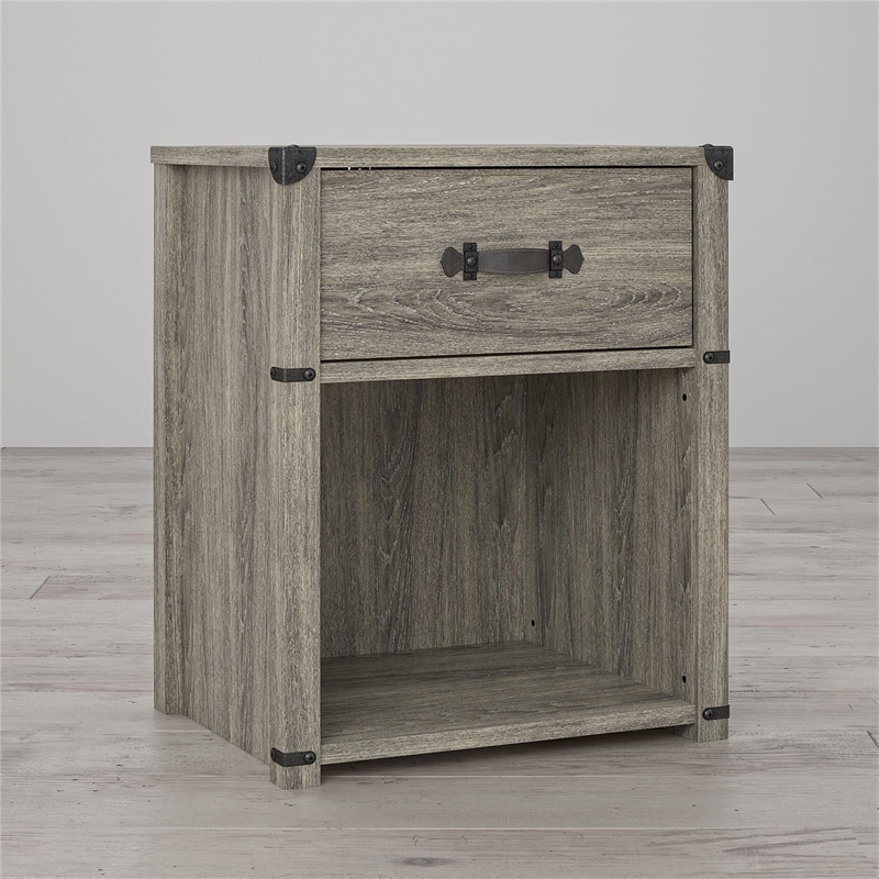 Little Seeds Nova 1-Drawer Nightstand with Leather Drawer Pull in Gray Oak