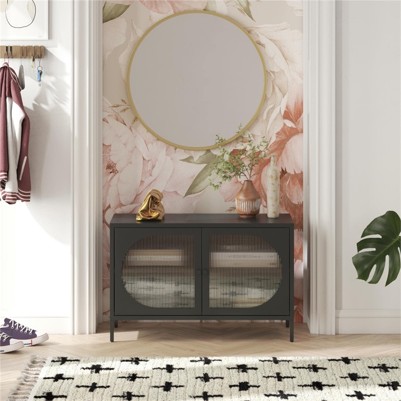 Mr. Kate Luna Short 2 Door Accent Cabinet with Fluted Glass in Black