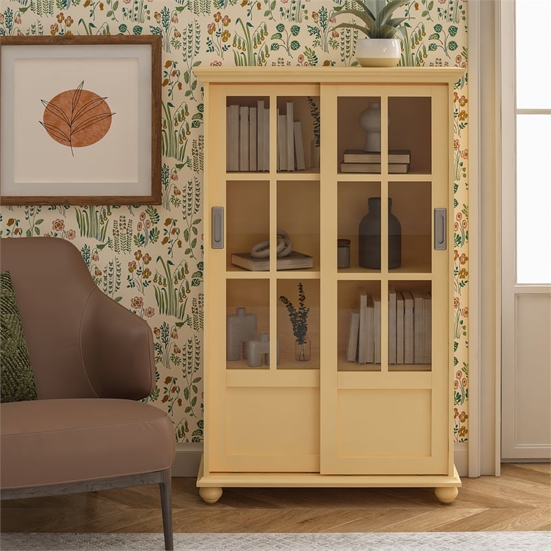 Ameriwood Home Aaron Lane Bookcase with Sliding Glass Doors in Pale Yellow