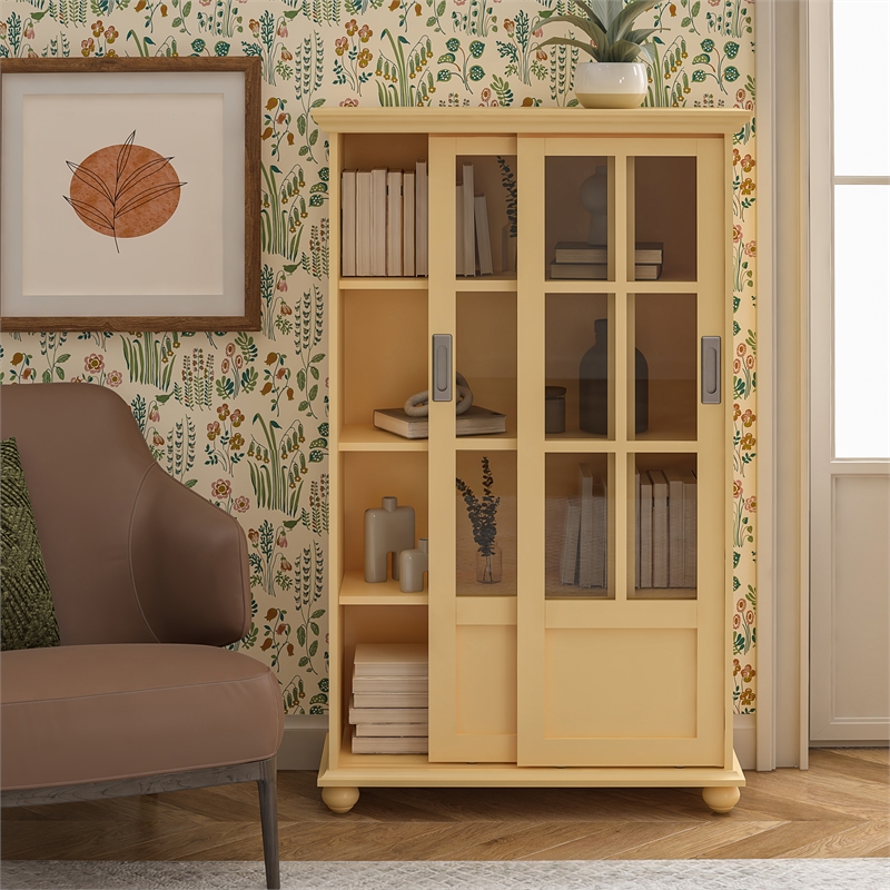 Ameriwood Home Aaron Lane Bookcase with Sliding Glass Doors in Pale Yellow
