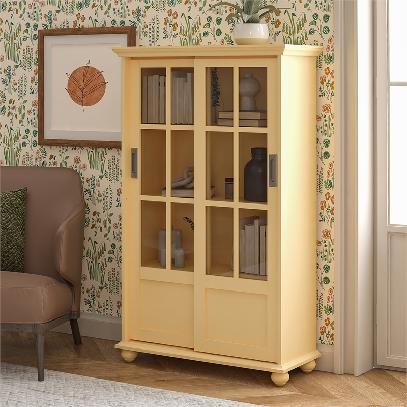 Ameriwood Home Aaron Lane Bookcase with Sliding Glass Doors in Pale Yellow