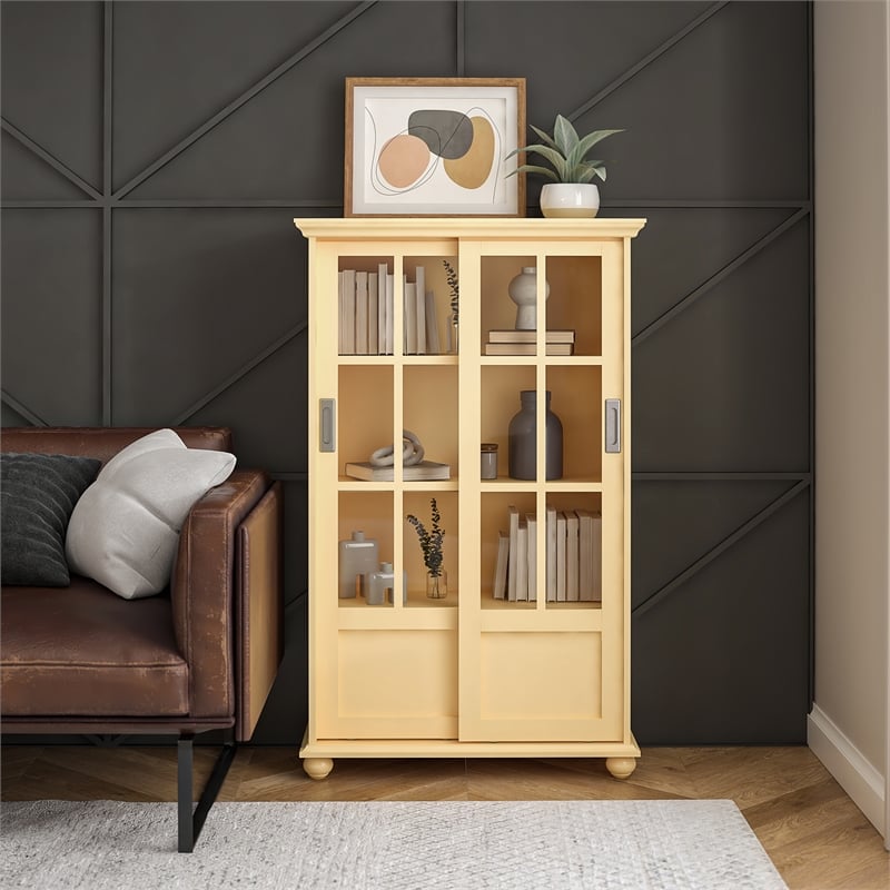 Ameriwood Home Aaron Lane Bookcase with Sliding Glass Doors in Pale Yellow
