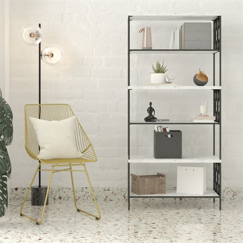 CosmoLiving by Cosmopolitan Ella 5 Shelf Bookcase in White Faux Marble/Black